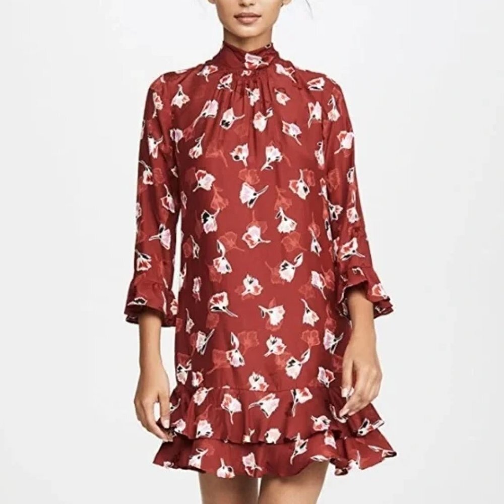 Rebecca Taylor Long Sleeve Paintbrush Ruffle Dress in Cabernet Size 00